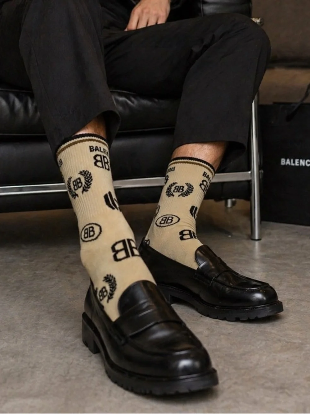 Balenciaga Beige Logo Crew Socks with Black Motifs
